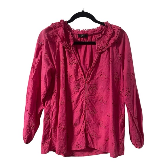 J. Crew Hot Pink Ruched Ruffled Bib Collar Blouse - Picture 3 of 8